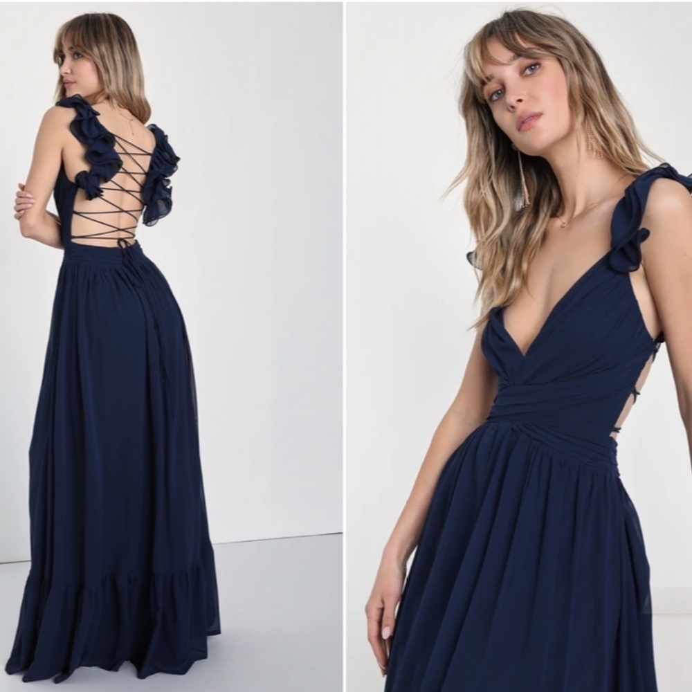 LULU's Prom Wedding Sexy Boho Flowy Romantic Ruffle Corset Tie Back Maxi Dress